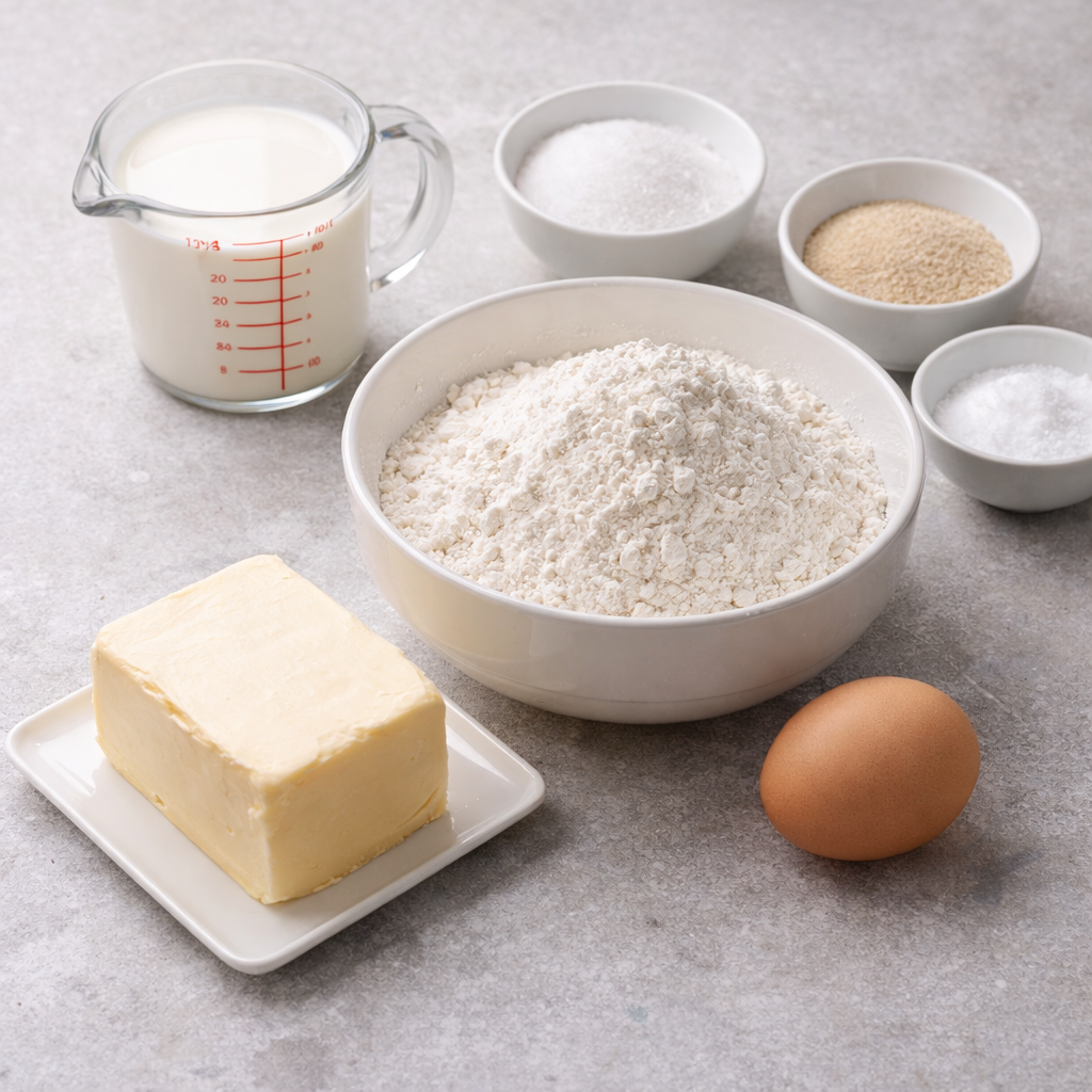 All croissant cube ingredients displayed together including flour, butter, milk, sugar, yeast, salt, and egg arranged neatly on a kitchen surface.