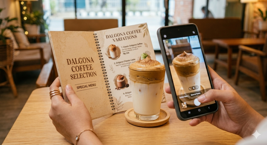 A professional photographer taking a flatlay photo of a trendy Dalgona coffee setup on a wooden table, styled for social media with natural lighting and aesthetic props
