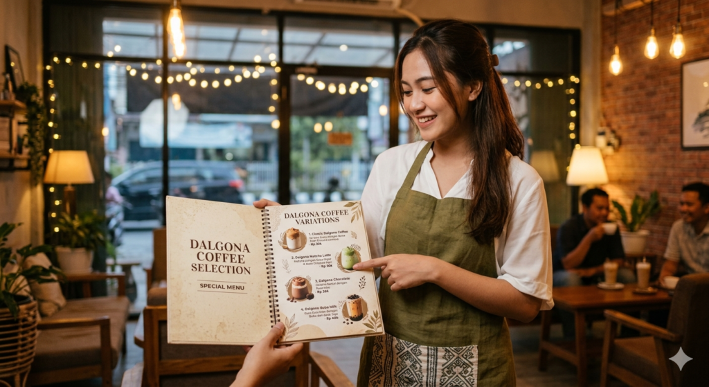 A friendly cafe waitress in a green apron presents an open menu book, pointing at a selection of detailed Dalgona Coffee variations for a customer.