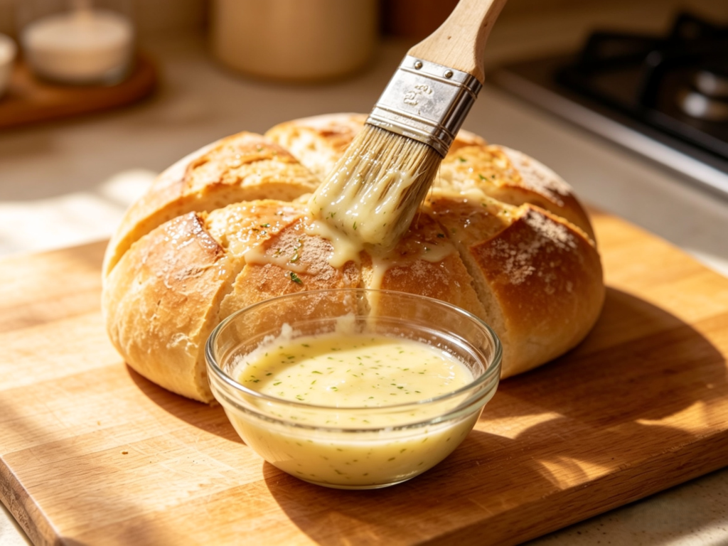 Whole bread roll dipped into creamy garlic butter sauce, glossy and moist coating