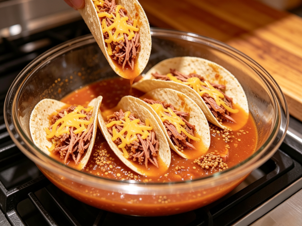 Corn tortilla dipped in rich birria consommé, then filled with shredded beef and melted cheese to make juicy birria tacos