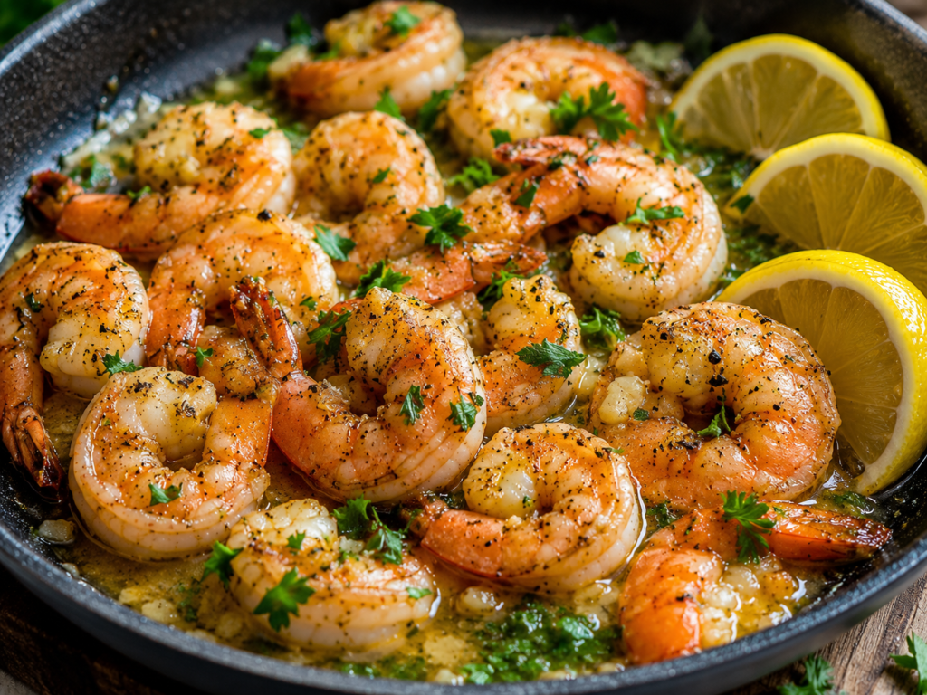 Finished Garlic Butter Shrimp garnished with fresh parsley and lemon slices, served in a skillet.