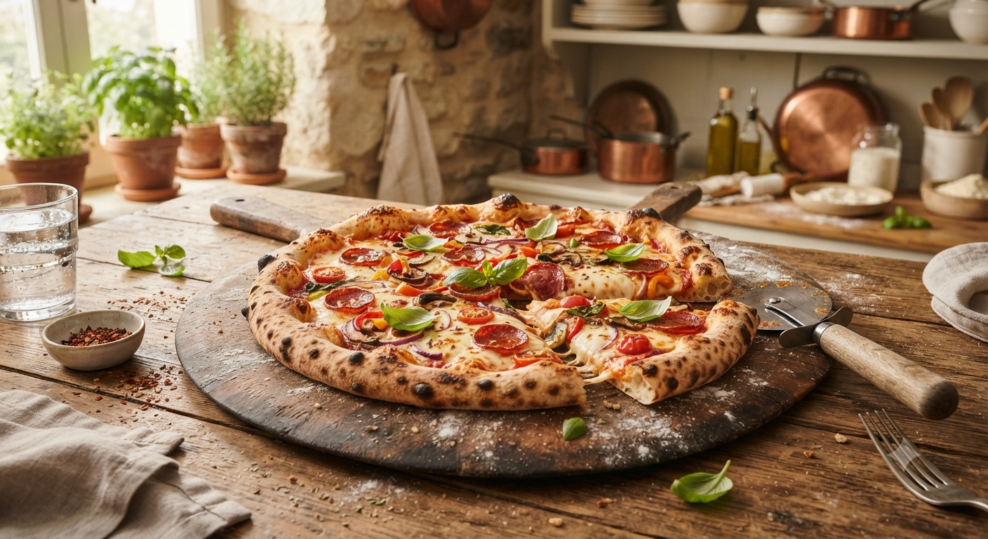 Freshly baked easy homemade pizza with melted mozzarella cheese and crispy golden crust.