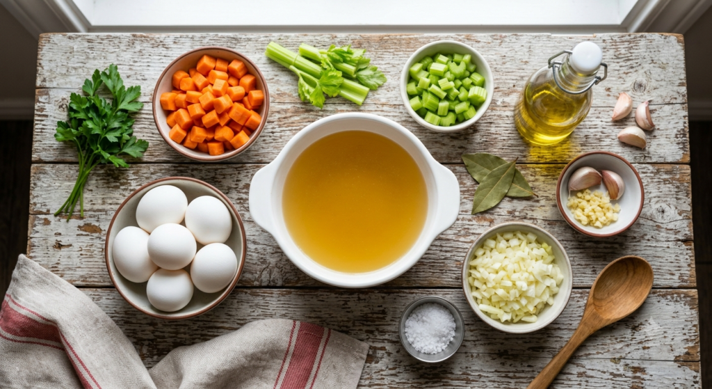 Egg soup ingridients, egg, vegetable, seasoning in the bowl