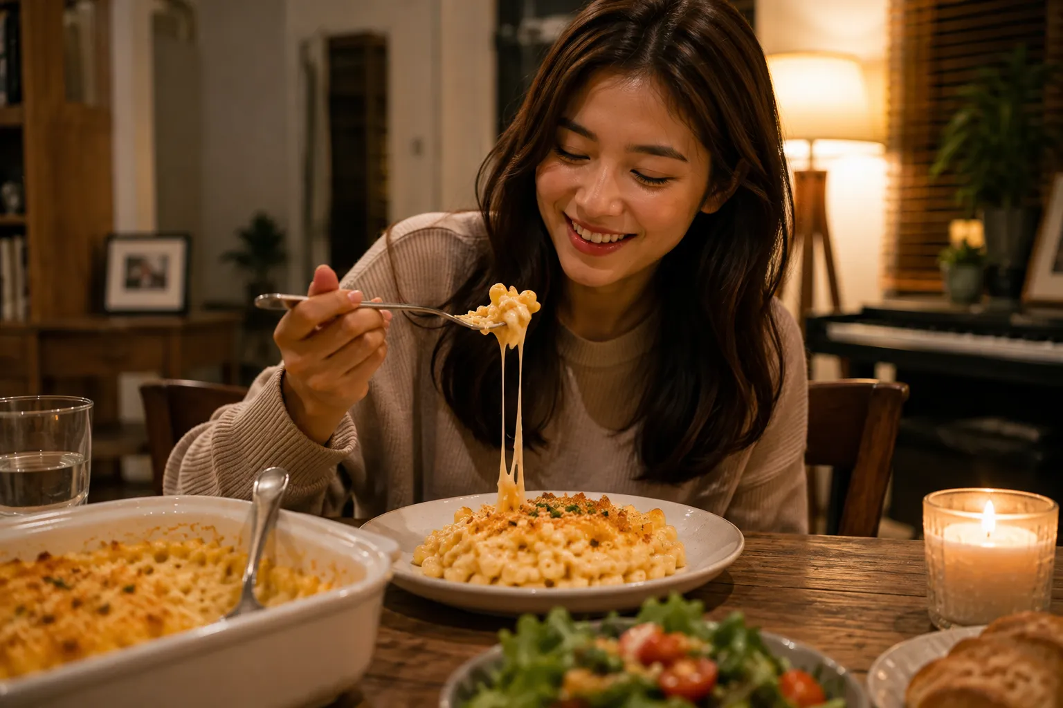 Young adult enjoying creamy homemade mac and cheese at a cozy wooden dining table during dinner in a warm home setting.
