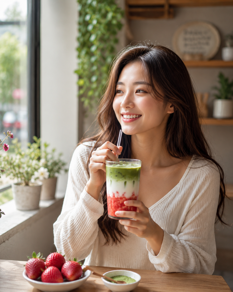 Woman enjoying a refreshing homemade strawberry matcha latte.
