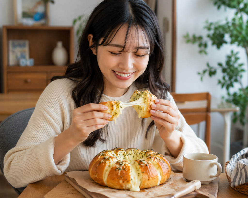 Young woman smiling while enjoying homemade Korean garlic cheese bread at a cozy dining table, natural lighting, realistic lifestyle photography
