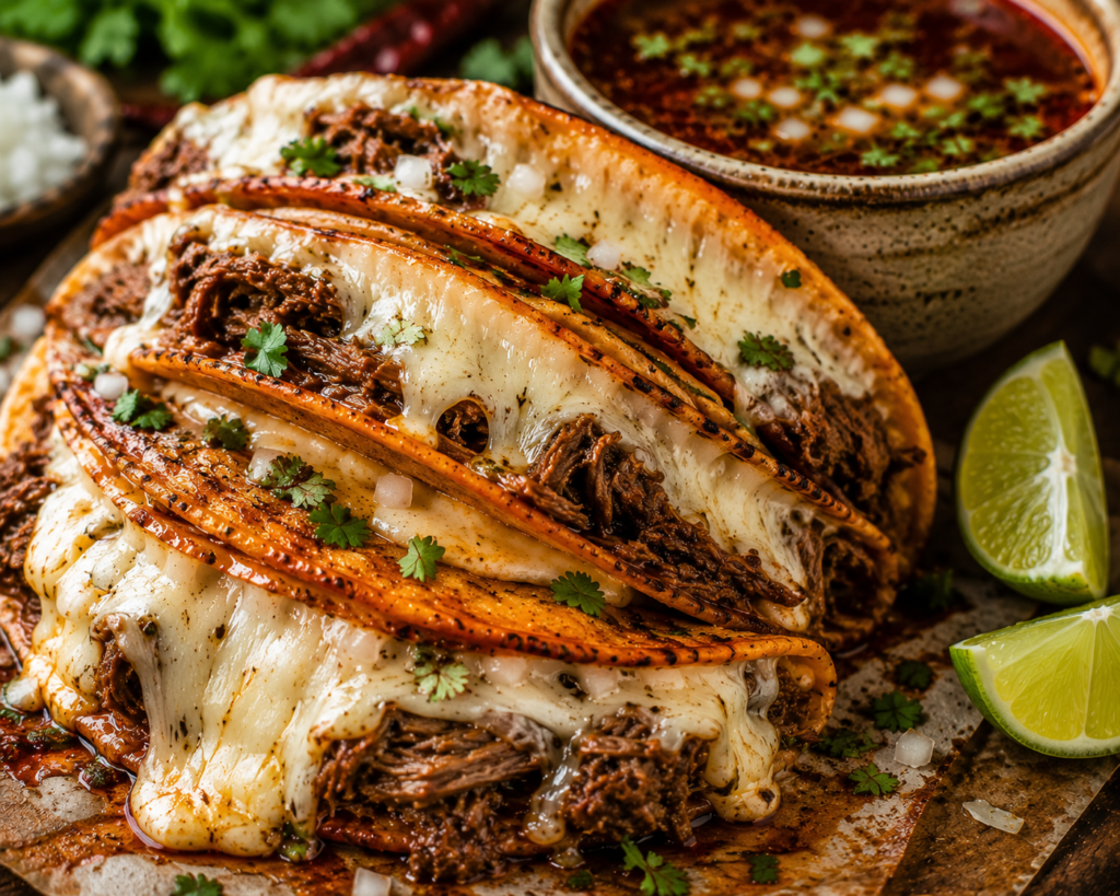 Extra cheesy birria tacos loaded with melted cheese, tender shredded beef, and rich Mexican consommé