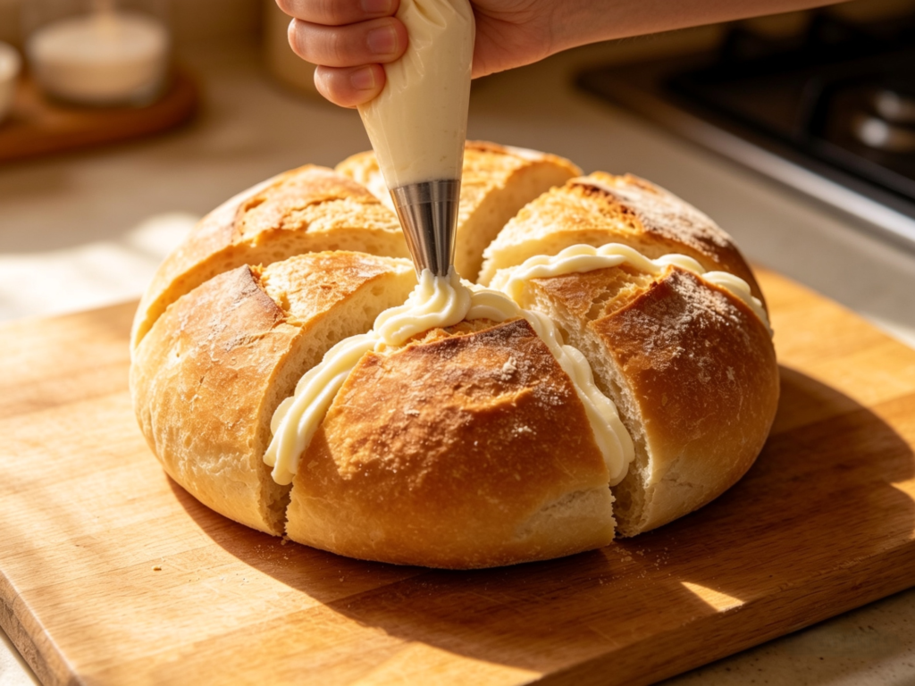 Piping cream cheese into each pocket of bread rolls, making Korean garlic cheese bread