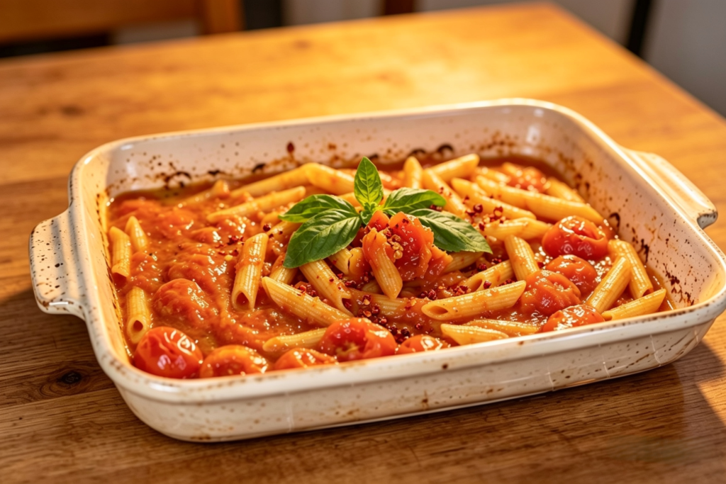 Finished baked feta pasta topped with red chili flakes and fresh basil leaves, ready to serve – delicious homemade pasta dish