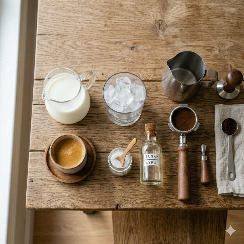 Square flat lay photography of layered dirty coffee ingredients including a shot of espresso, milk pitcher, sugar syrup bottle, and espresso tamper on a wood surface