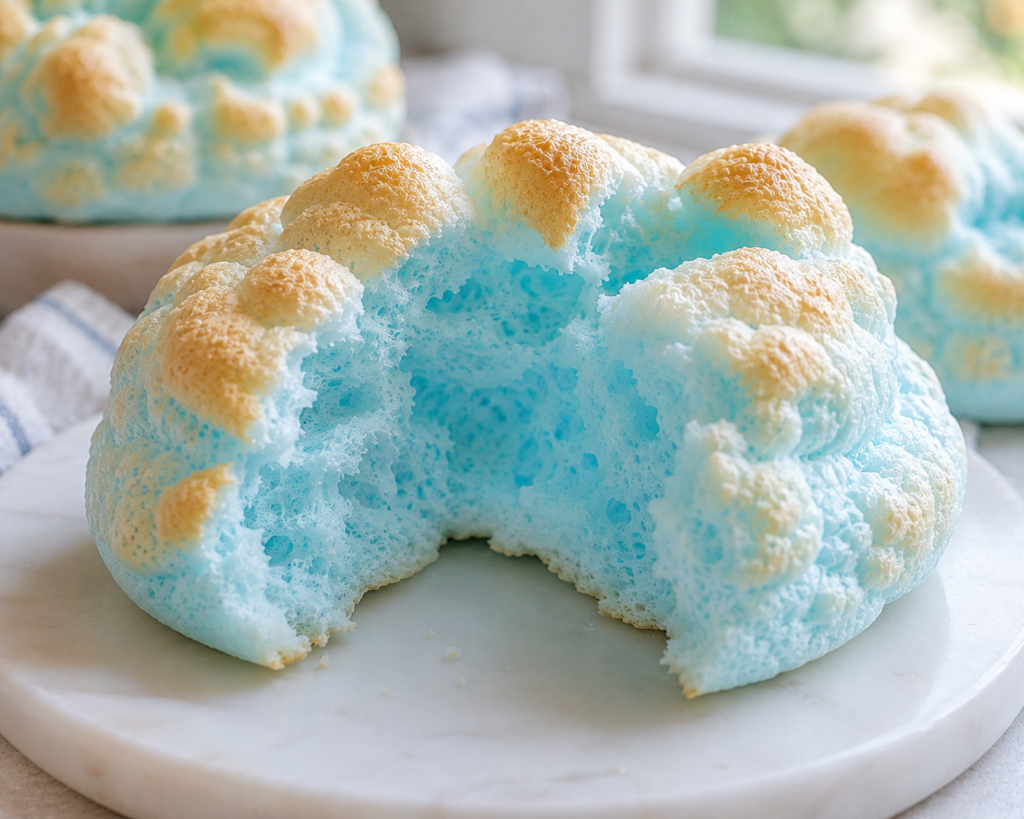 Freshly baked Cloud Bread torn open to reveal its soft airy interior and fluffy texture