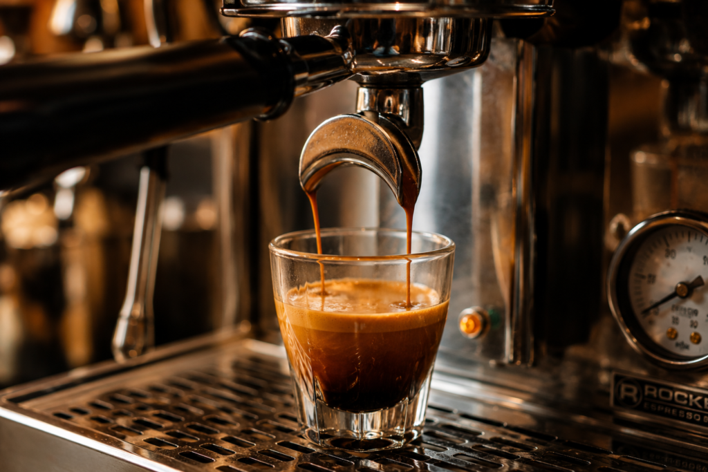 Fresh espresso shot being extracted from an espresso machine with rich crema, essential for making authentic Dirty Coffee at home.