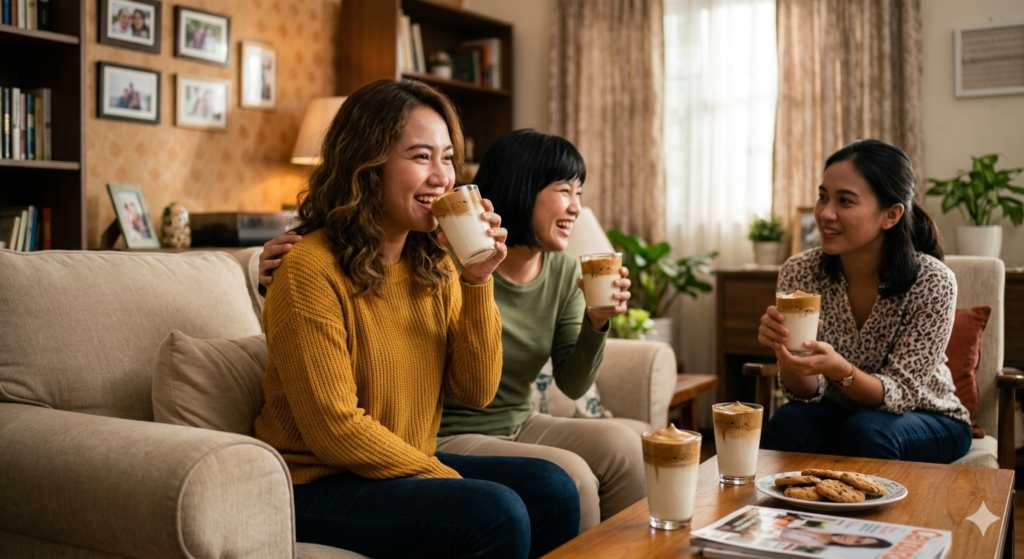 Three friends relax in a cozy, warm living room, smiling while holding and drinking their layered Dalgona Coffees, with a menu and biscuits on the coffee table.