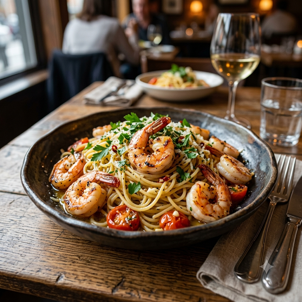 A close-up, restaurant-style presentation of a gourmet garlic butter shrimp pasta dish garnished with fresh green parsley in a rustic bowl on a wooden table