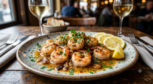 Close-up ultra-realistic food photography of restaurant-style garlic butter shrimp plated with fresh parsley garnish and lemon slices on a rustic wooden table with wine glasses.
