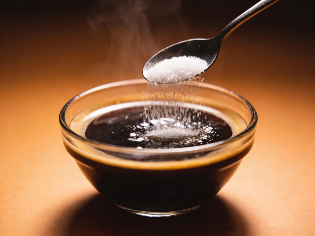 Clear glass bowl half filled with hot black coffee, granulated sugar being poured in with a spoon, recipe illustration