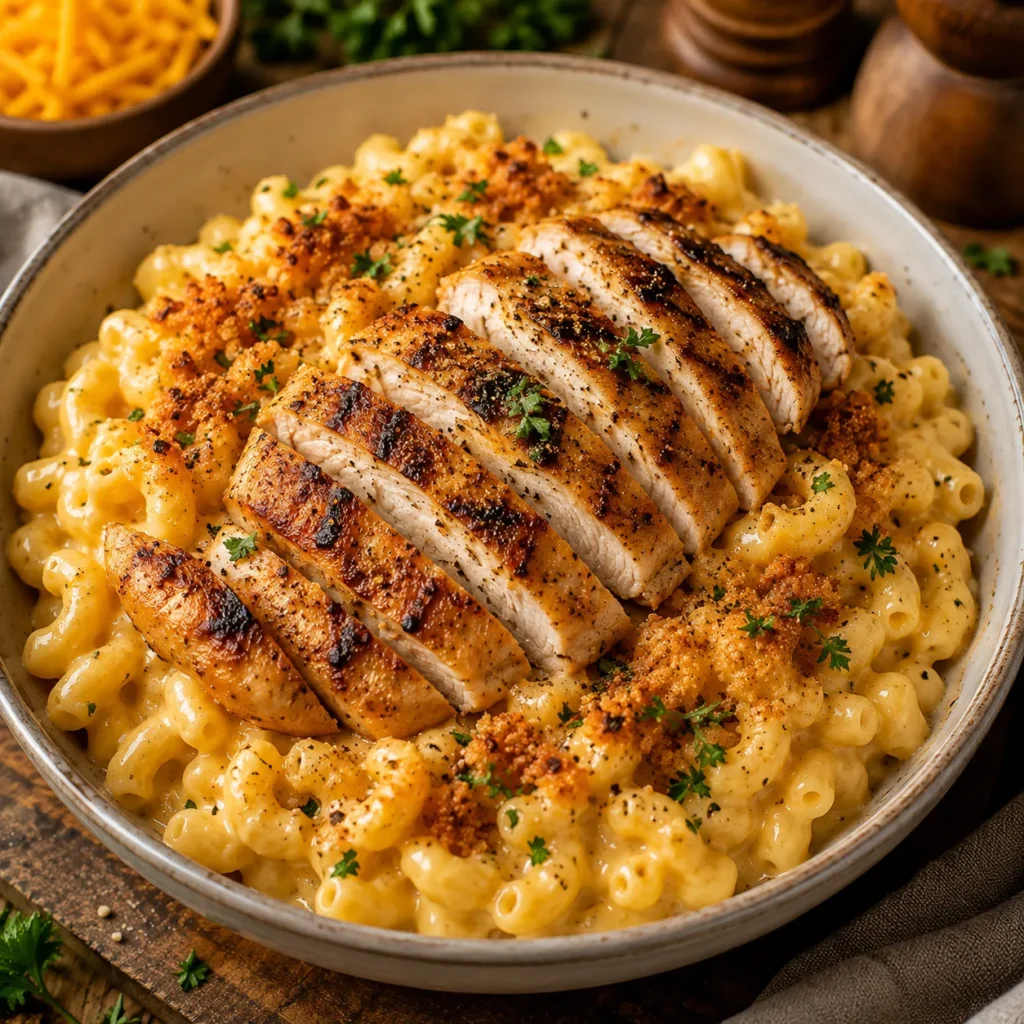 Creamy baked mac and cheese topped with juicy grilled chicken slices, melted cheddar and mozzarella cheese, crispy breadcrumb topping, and fresh parsley.