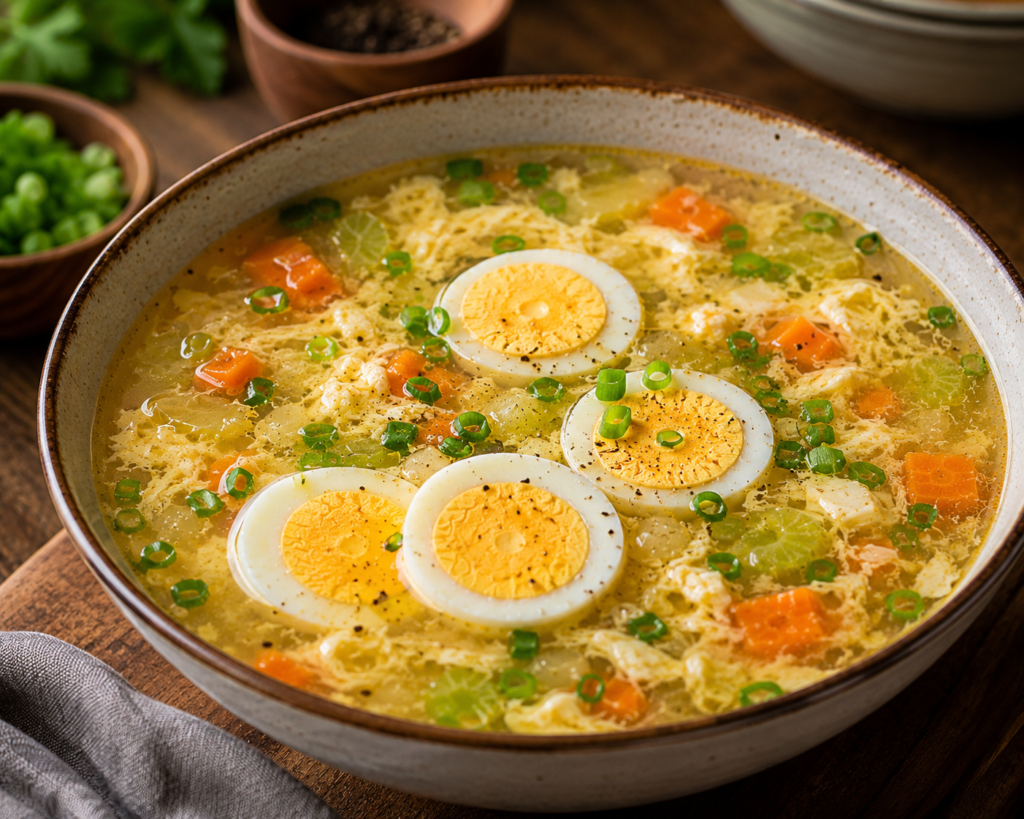 Healthy homemade egg soup with sliced boiled eggs, carrots, celery, and green onion garnish served hot