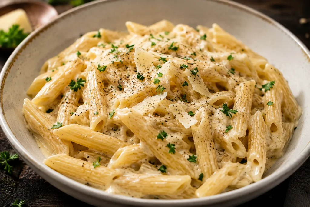 Homemade creamy one-pot pasta garnished with parmesan, parsley, and cracked black pepper