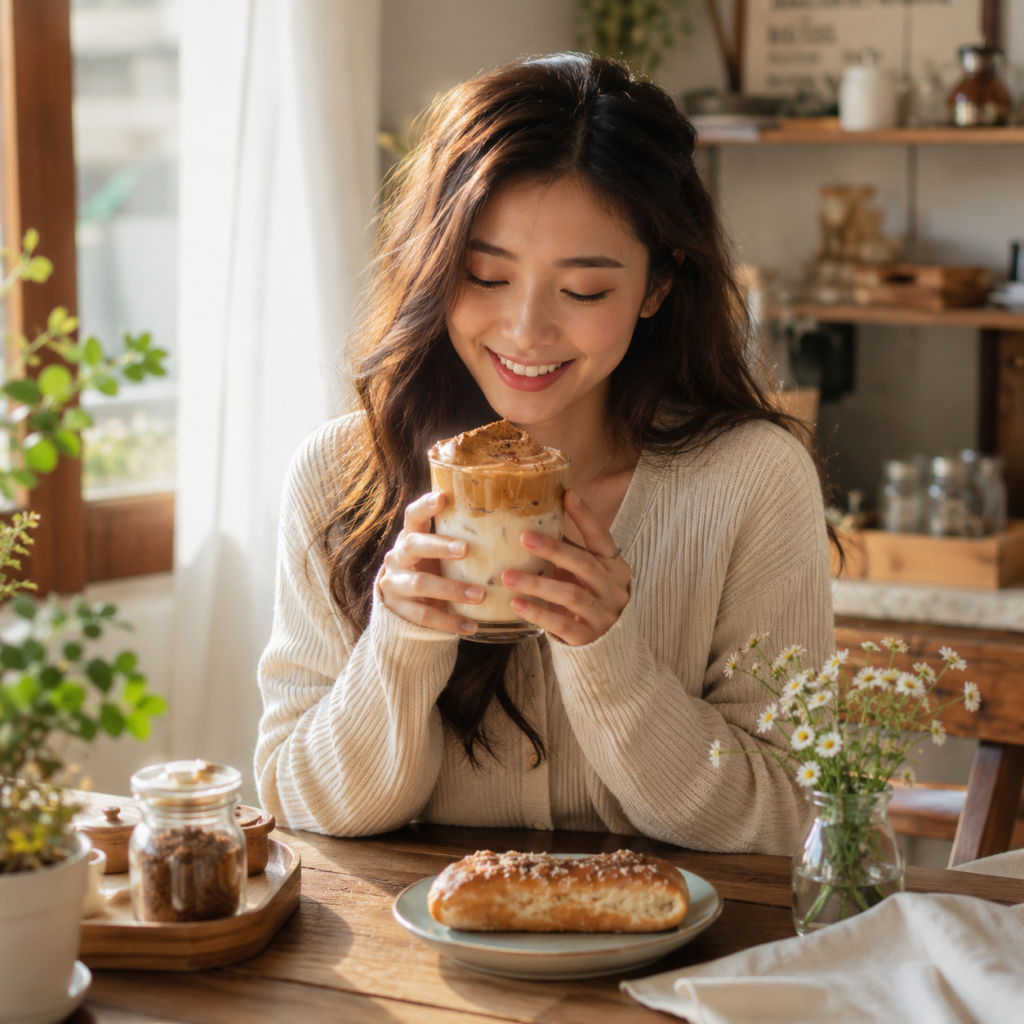 Woman enjoying a homemade Dalgona coffee drink at breakfast table