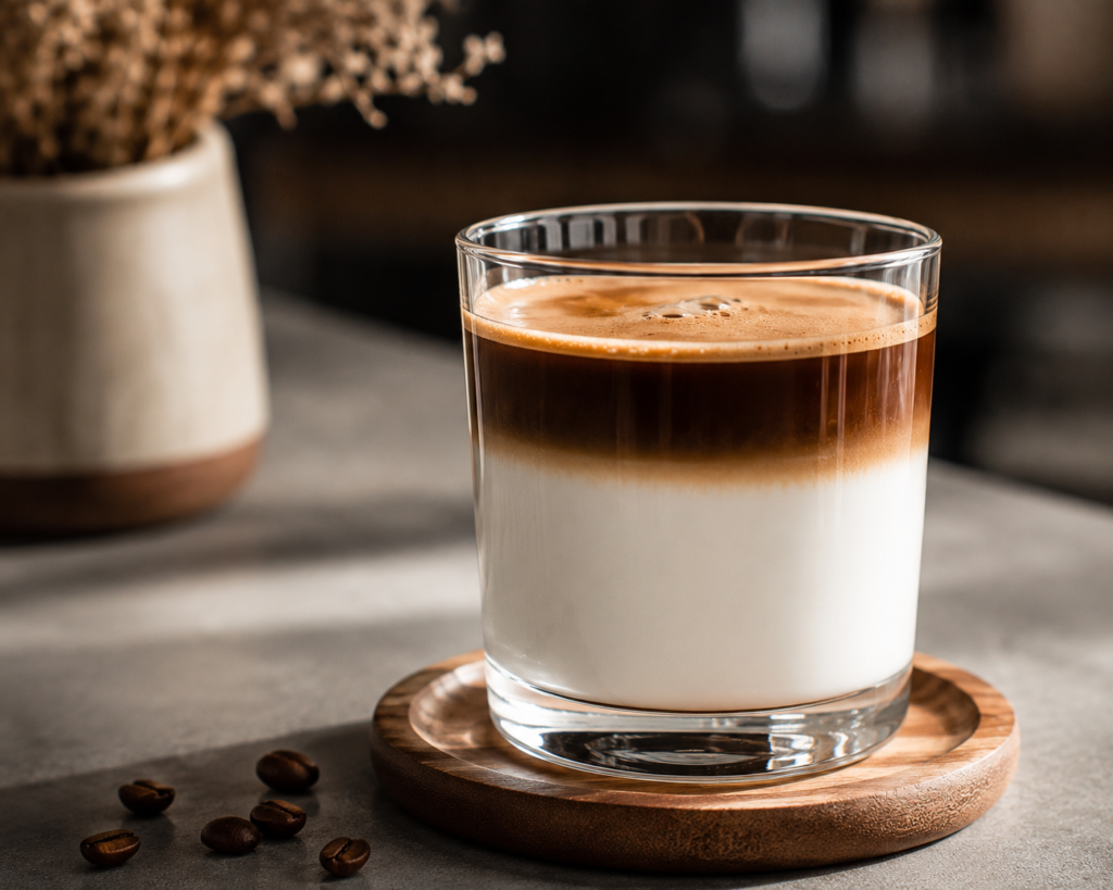 Finished Dirty Coffee featuring distinct espresso and milk layers in a transparent glass, served in a premium café-style presentation.