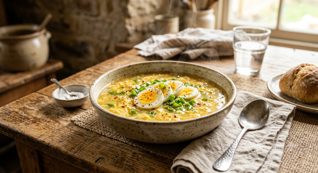 A cozy rustic ceramic bowl filled with homemade egg soup, garnished with sliced boiled eggs and fresh green onions, served on a wooden table.