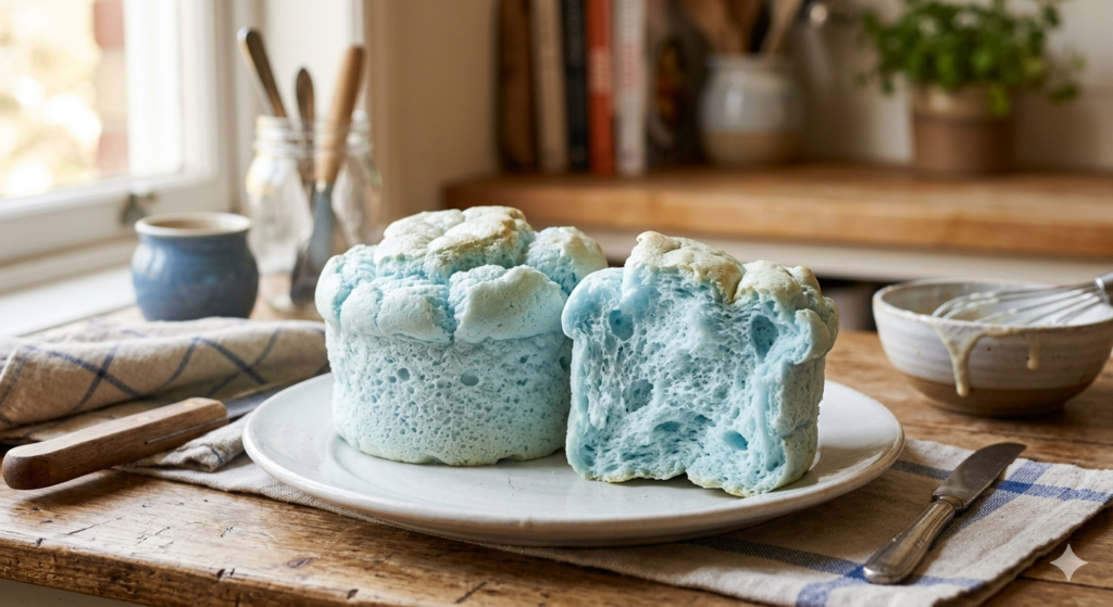 Freshly baked homemade pastel blue cloud bread with an extremely fluffy texture served on a white plate in a cozy kitchen.
