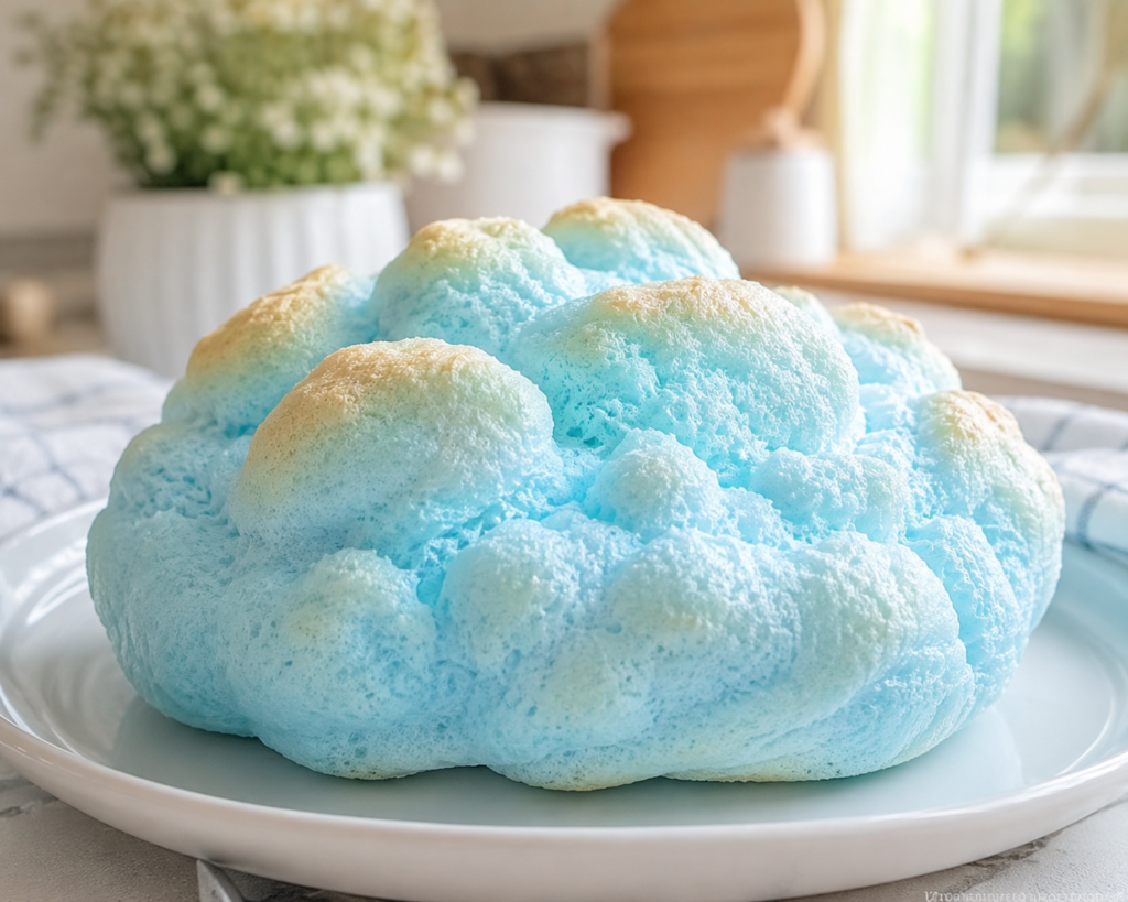 Fresh homemade pastel blue Cloud Bread with fluffy airy texture served on a white plate in a cozy kitchen
