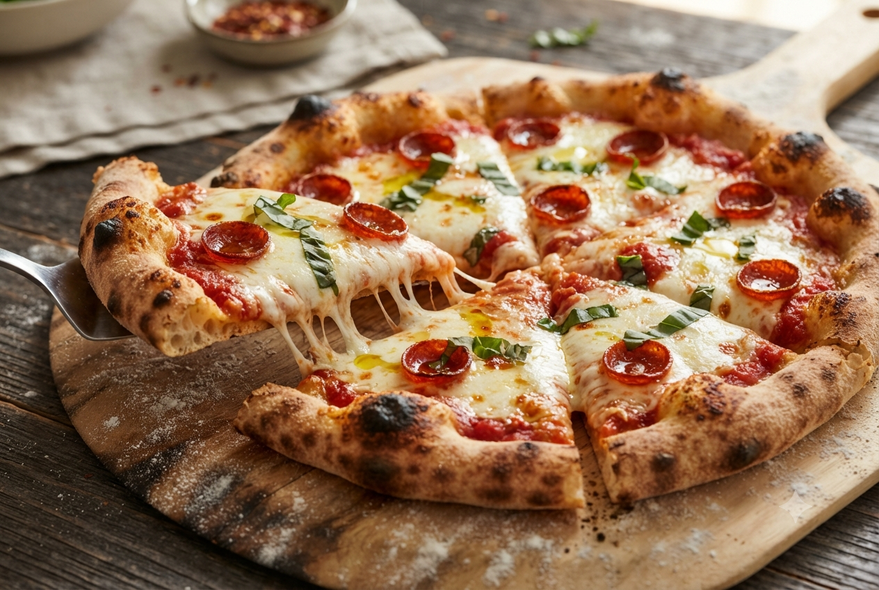 Close-up of sliced homemade pizza with melted mozzarella cheese.