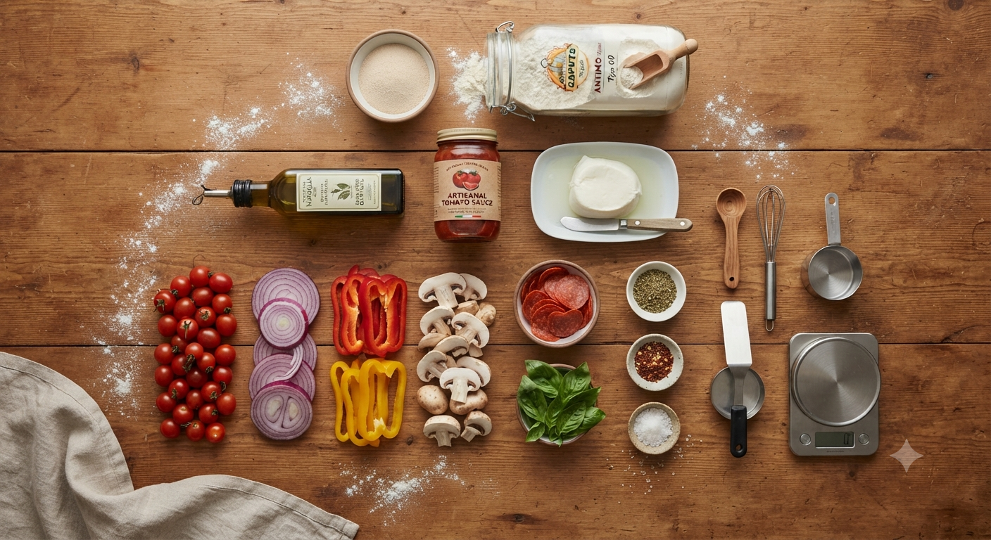 Ingredients needed to make an easy homemade pizza from scratch.