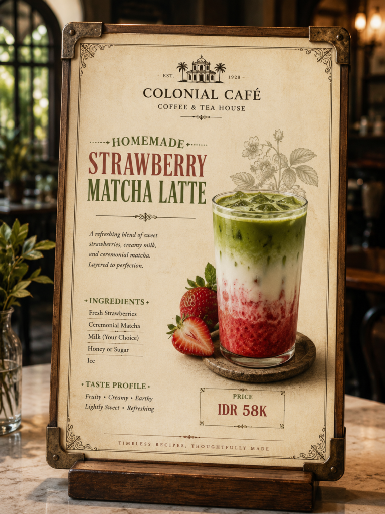 Homemade strawberry matcha latte featured on a vintage colonial-style cafe menu board with elegant design.