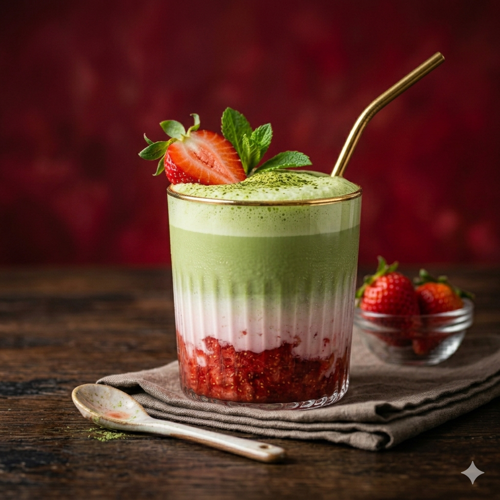 A glass of homemade strawberry matcha latte with layers of strawberry puree and matcha, garnished with a fresh strawberry and mint leaf, set against a dark red studio photography background.