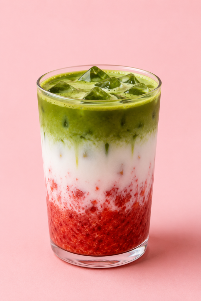 Viral strawberry matcha latte recipe featuring fresh strawberry puree, creamy milk, and ceremonial matcha layered over ice.