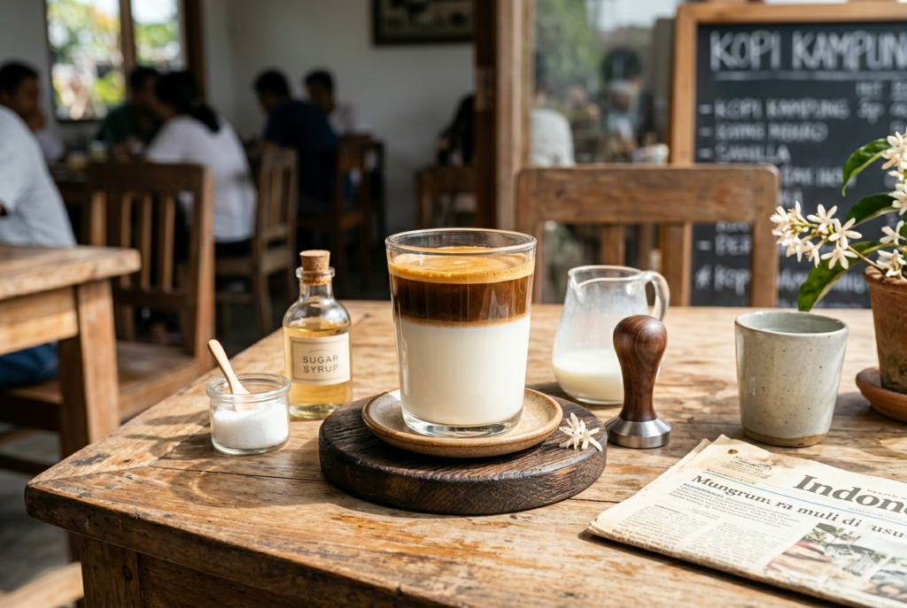 A glass of authentic layered dirty coffee served on a rustic cafe table with a newspaper, sugar syrup bottle, and a coffee shop background.