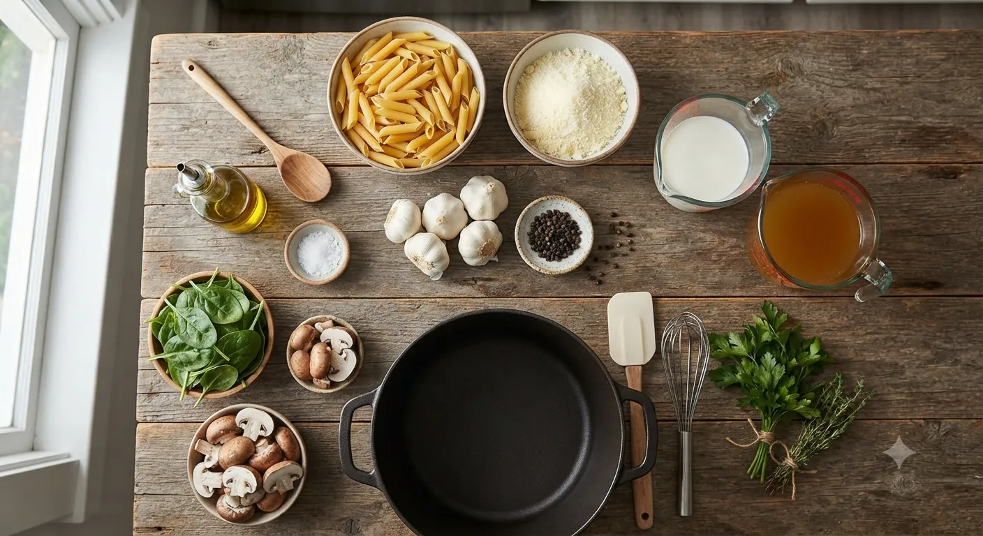 Fresh ingredients for a creamy one-pot pasta recipe, including uncooked penne, parmesan cheese, garlic, spinach, mushrooms, and liquids, arranged neatly on a wooden countertop in an overhead view