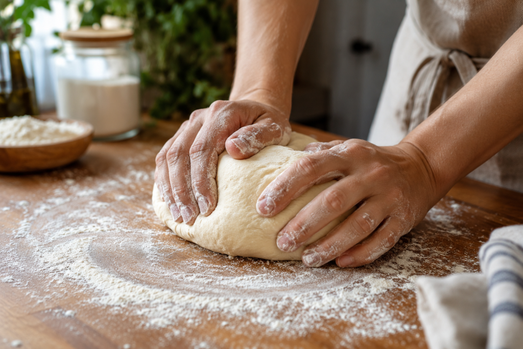 Hands kneading homemade pizza dough until smooth and elastic