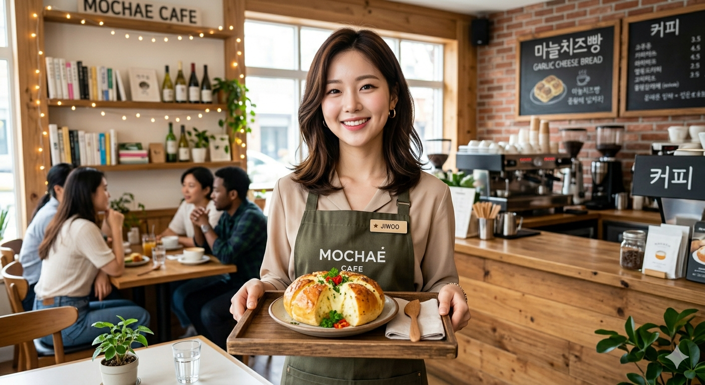 A beautiful Korean cafe server smiling while holding a tray of freshly baked, appetizing Korean garlic cheese bread in a cozy cafe setting
