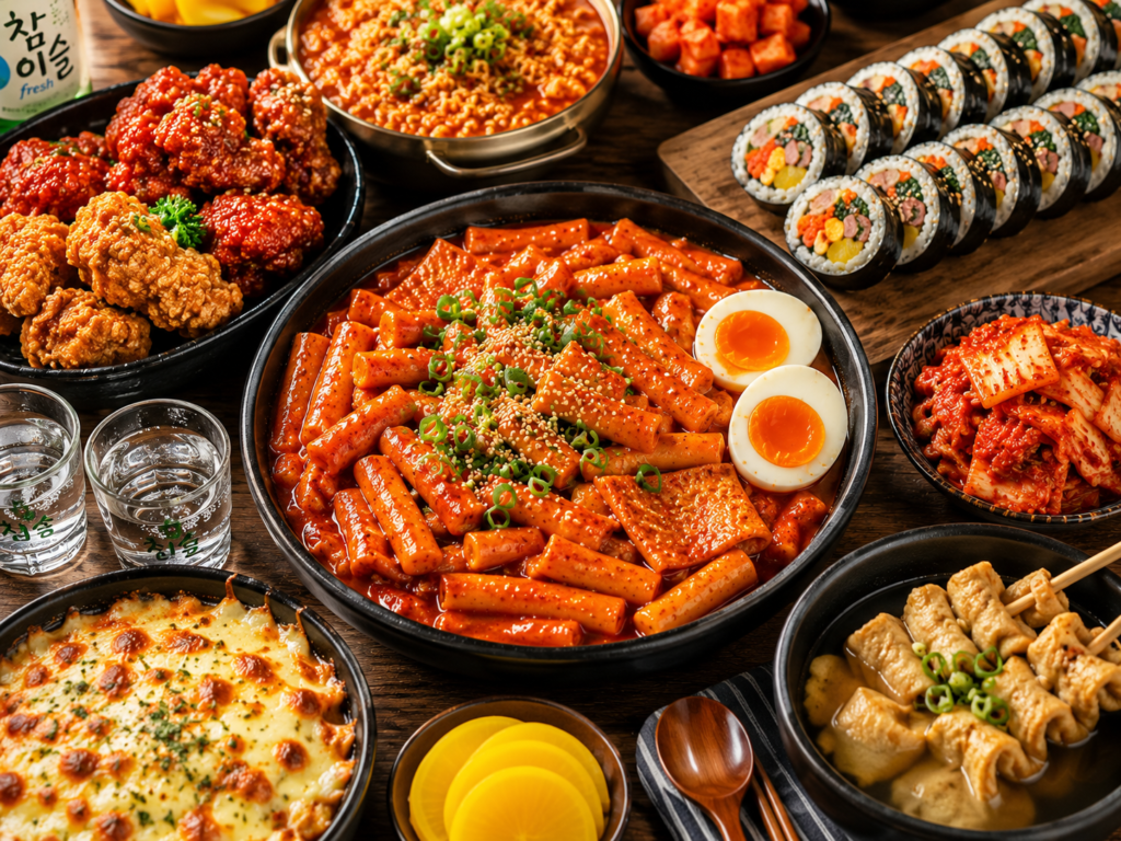 Traditional Korean food spread with tteokbokki, kimbap, kimchi, fried chicken, fish cakes, and Korean comfort foods.