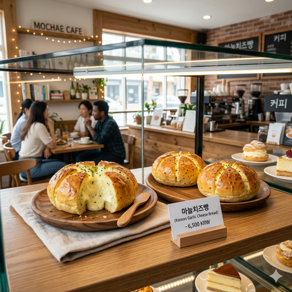 Freshly baked Korean garlic cheese bread displayed in a glass bakery case at a cafe, showing pricing and delicious melted cheese texture