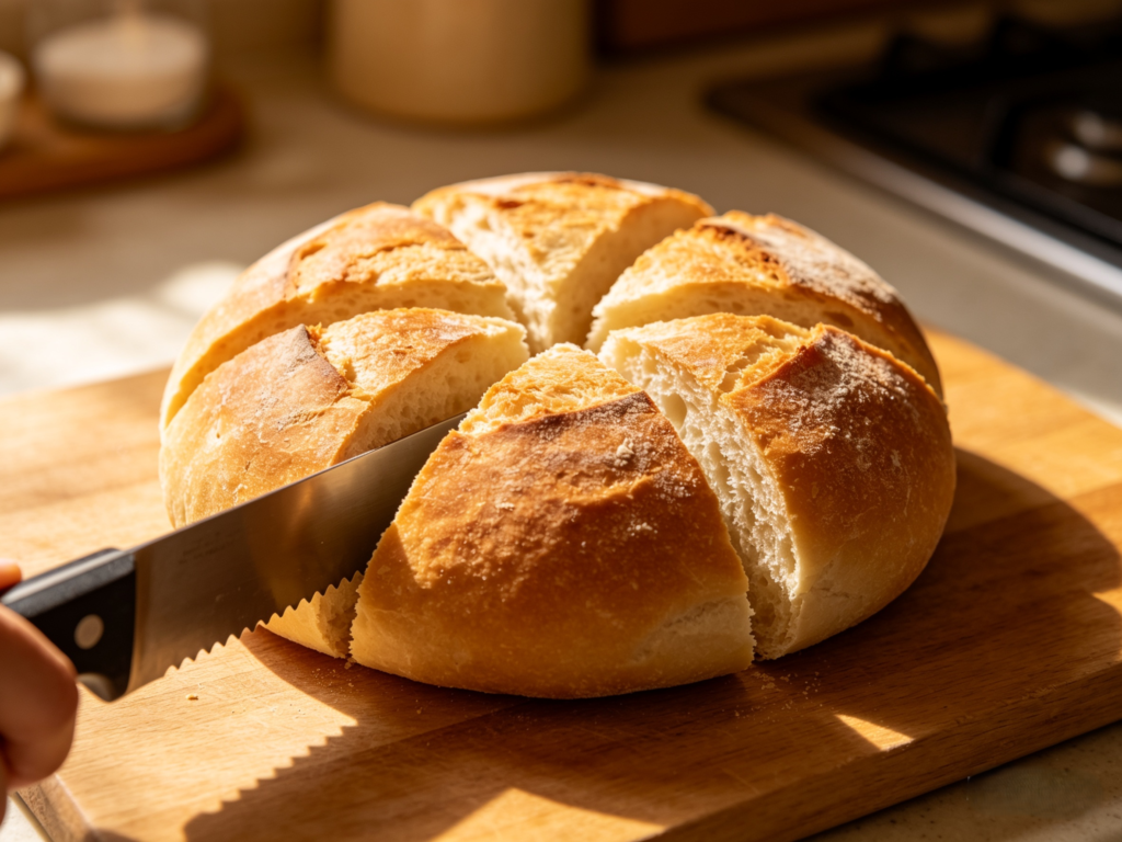 Round bread rolls cut into six sections on wooden board, home cooking style, warm lighting