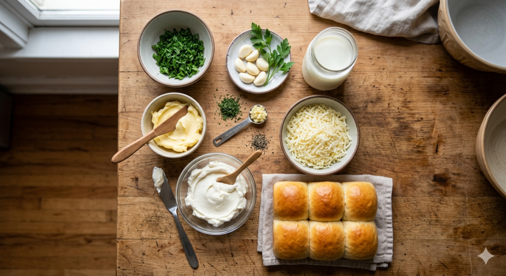 Flat lay photography of fresh ingredients for homemade Korean garlic cheese bread including cream cheese, garlic, and butter on a wooden counter