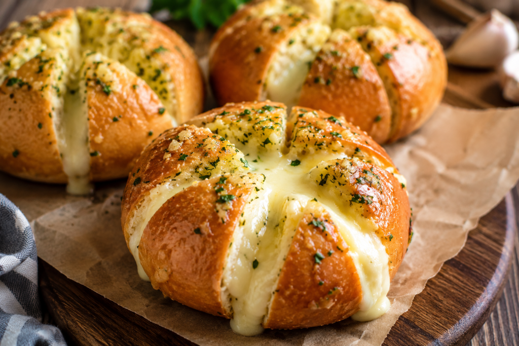 Fresh Korean garlic cheese bread with creamy filling overflowing from sliced bread rolls, golden garlic butter coating, bakery-style presentation, rustic wooden table, ultra realistic food photography, warm natural lighting
