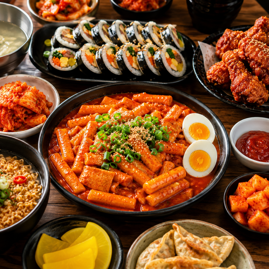 Colorful Korean street food feast featuring tteokbokki, kimbap, kimchi, fried chicken, and various Korean side dishes.