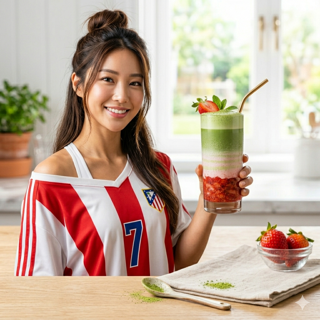 a tall glass of homemade strawberry matcha latte in a bright, modern kitchen setting