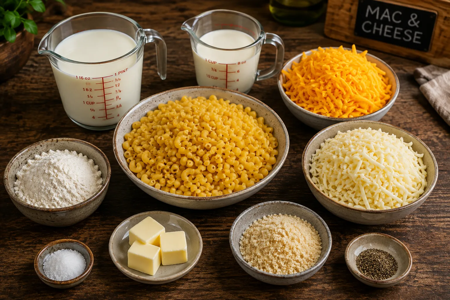 Ingredients for homemade mac and cheese including elbow macaroni, butter, flour, milk, heavy cream, cheddar cheese, mozzarella, breadcrumbs, salt, and black pepper.