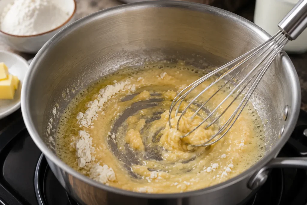 Butter and flour whisked together in a saucepan to make a smooth roux for creamy mac and cheese sauce.