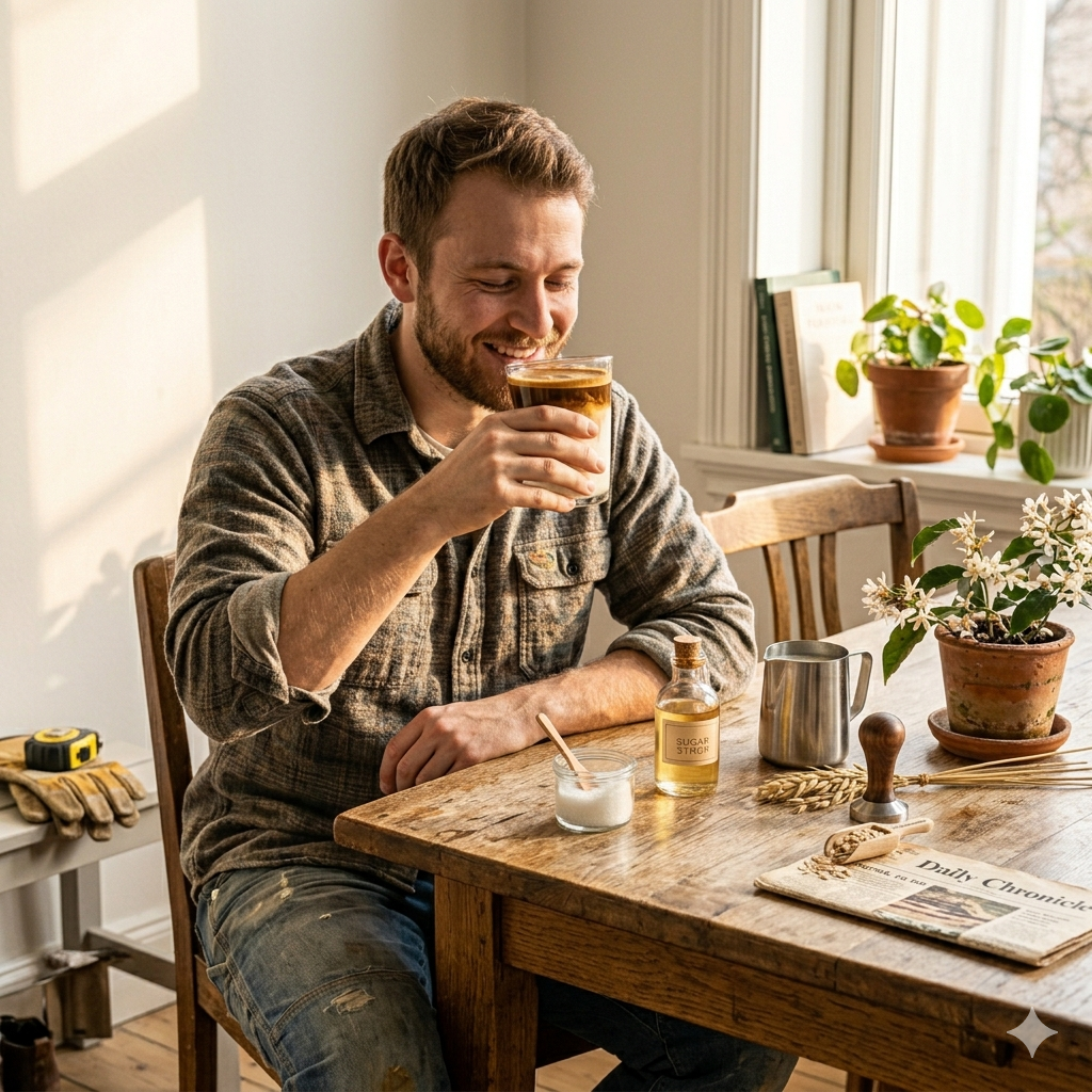 A happy male worker sitting at a dining room wooden table, smiling and enjoying a glass of homemade iced dirty coffee in warm natural lighting.