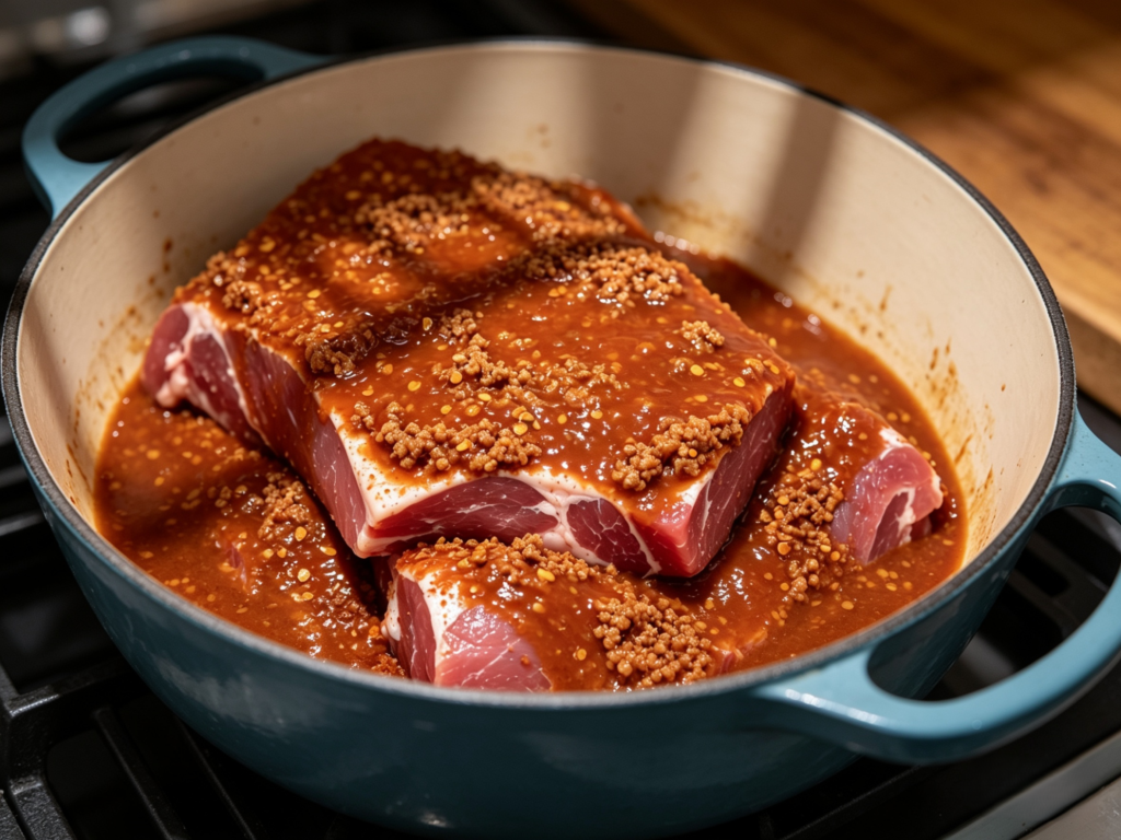 Marinated beef covered in spicy red sauce placed inside a cast-iron Dutch oven, ready to slow cook for tender birria meat