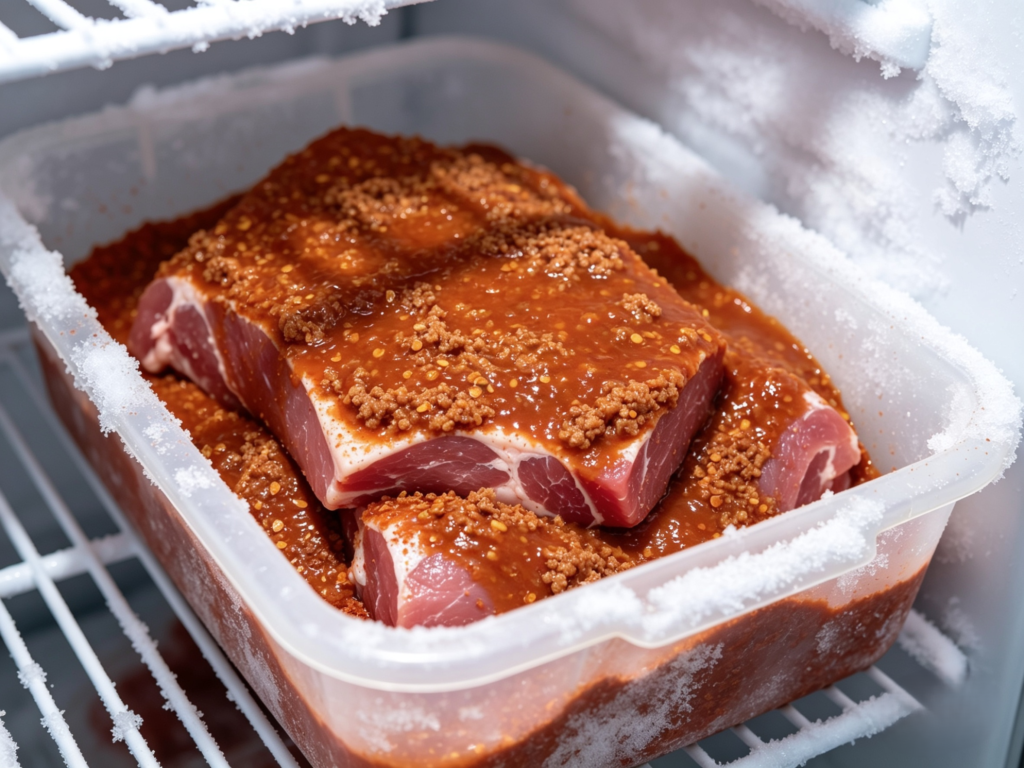 1kg beef in a container, fully coated and rubbed with smooth birria sauce, ready to be stored and marinated in the freezer